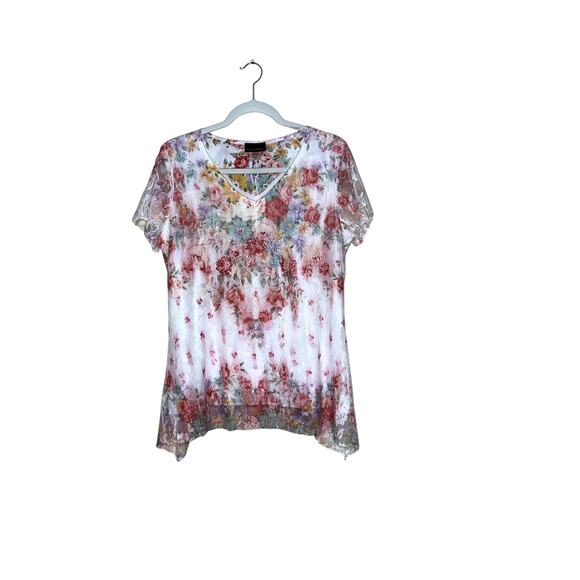 Brittany Black women's size L top white/pink lacy floral high-low hem fairycore - Picture 1 of 9